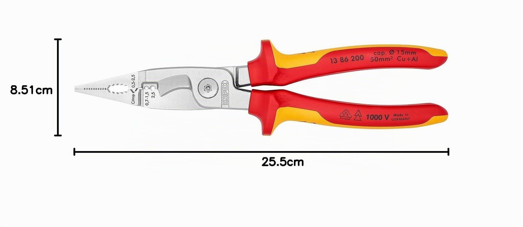 KNIPEX Alicate para instalaciones eléctricas cromado aislados con fundas multicomponentes, según norma VDE 200 mm, 13 86 200
