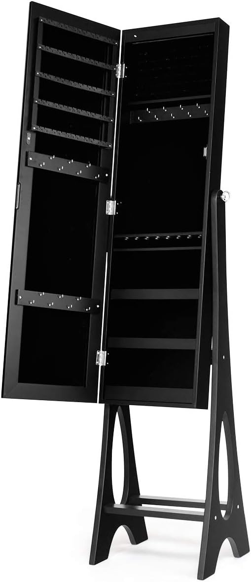 Giantex 12 LED Jewelry Armoire Cabinet with Frameless Full-length Mirror, Standing Jewelry Cabinet with 16 Lipstick Holders, Large Storage Capacity, 3 Angles Adjustable (Black)