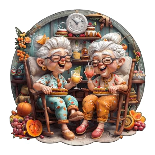 Jigfoxy Happy Grandmas Wooden Jigsaw Puzzles for Adults 300pcs Unique Animal Shape Wood Puzzles Birthday Gifts for Family Friend with wooden box(13.4 * 13.4in)
