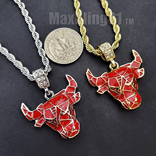 Gold Silver Plated Art Bull Head Pendant Iced Cubic Zirconia & 4mm 24" Rope Chain Necklace Hip Hop Fashion Jewelry Gift4