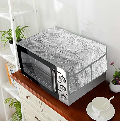 Image of Microwave Oven Top Cover Dustproof 2-Layered Polyester Fabric with 4 Utility Pockets Washable Kitchen Appliance Protector (Grey, 36x14 Inch, Up to 30 Liter)