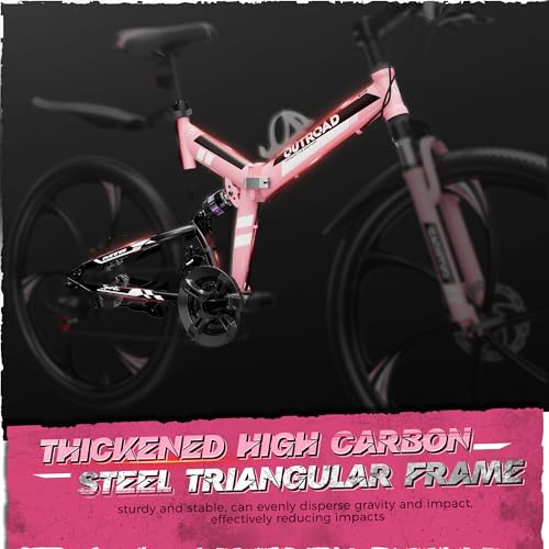 Image of Outroad 26 Inch Folding Mountain Bike, 21 Speed Full Suspension High-Carbon Steel MTB Foldable Bicycle, Dual Disc Brake Non-Slip Adjustable Seat Folding Bikes for Adults /Men /Women, Black, Orange