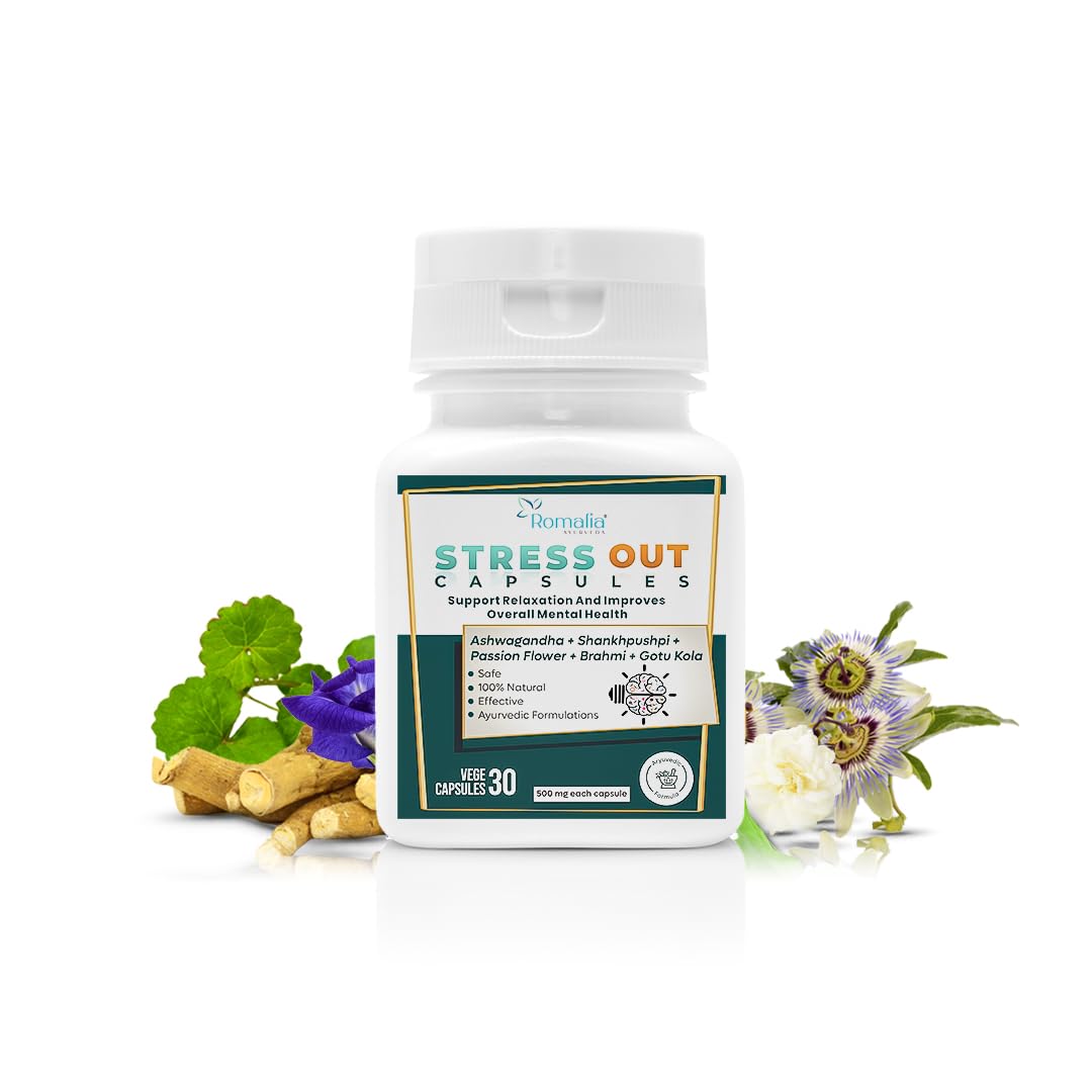 Romalia® Ayurvedic Stress Out Capsules - 5 Herbal Ingredients (30 Caps) | Supports Stress Relief, Reduces Anxiety and Fatigue, Boosts Energy, Enhances Stamina | Natural Supplement for Men & Women.