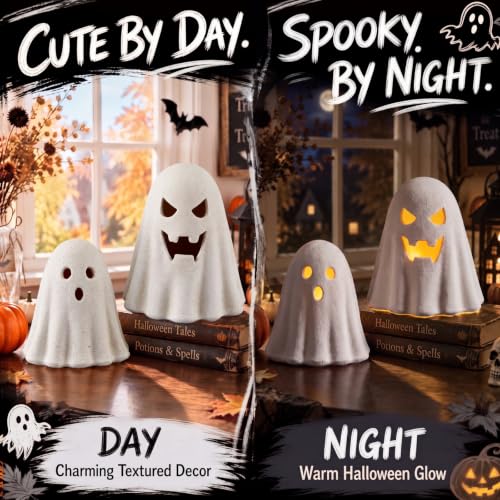 Patelai 2 Pcs Terracotta Halloween Ghost Figurines with LED Tea Lights - Image 4