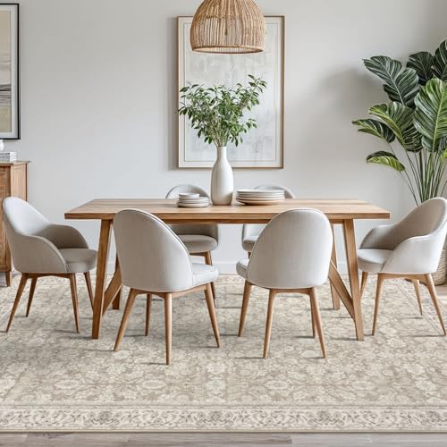 8x10 Area Rugs for Living Room Cream Beige White Grey, Machine Washable Large Area Rug Non-Slip, Ultra Soft Vintage Floral Tribal Farmhouse Carpet for Dining Room Bedroom Home Décor