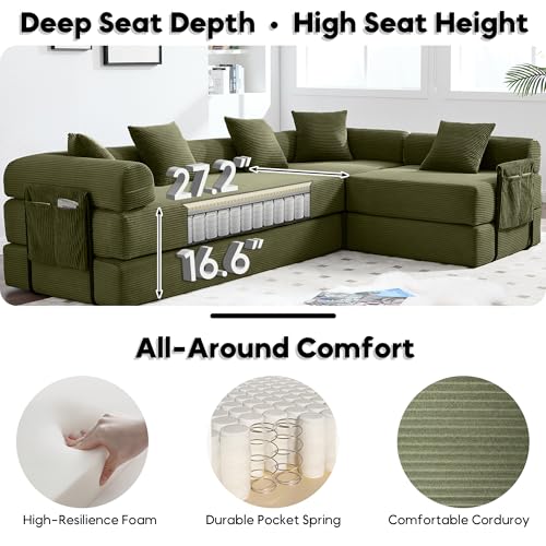 Image of L-Shape Modular Sectional Sofa Bed, Corduroy Boneless Couch, Olive Green