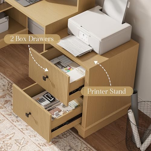 Image of 67 inch L Shaped Executive Desk with Drawers & Storage Shelf, Corner Computer Desk with Power Outlets, Home Office Desk with Monitor Stand, Printer Shelf, Computer Writing Desk for Work, Oak