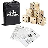 Giant Wooden Yard Large Dice Set of 6-ISANCHA 3.5' Outdoor & Lawn Dice Game for Adults and Family,Including 2 Dry Erase Marker Pens,Durable Storage Bag,Yardzee Yardkle Scoreboard
