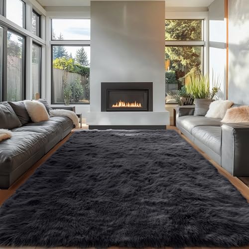 OLANLY 6x9 Machine Washable Large Area Rugs for Living Room, Bedroom, Soft Fluffy Shaggy Bedside Rug, Indoor Floor Carpet for Kids Girls and Boys, Dorms, Nursery, Home Decor Aesthetic, Black