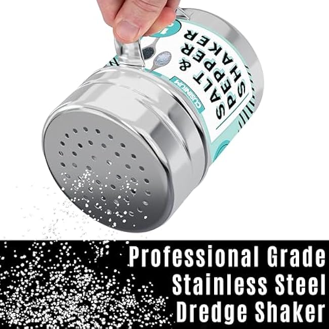 CUSINIUM 10oz Stainless Steel Salt Pepper Dredge Shakers - With Plastic Cap - With Handle - Pack of 2