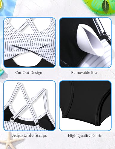 Image of Girl Swimsuit One Piece Cutout Ruched Bathing Suit for Girls Color Block Adjustable Straps Pad Swimwear 9-18y