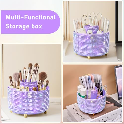 Image of Diesisa Bling Diamond 360 Makeup Brush Holder Organizer, Rotating Makeup Brush Organizer,5 Slot Make up Brushes Cup for Cosmetics, Vanity Desktop Organizer, Gift for Women Teen Girls- Diamond Purple