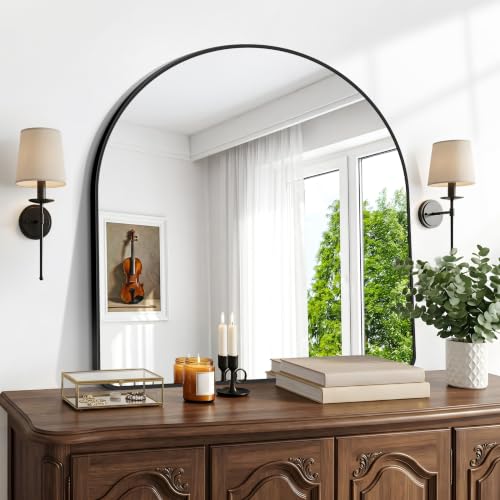 Image of BONEWEI Arched Wall Mirror,36x36 inch Black Arched Mirror Bathroom,Large Vanity Mirror for Over Sink Metal Frame,Tempered Glass Arch Mirrors for Bedroom,Entryway,Living Room,Home Decor Shatter-Proof
