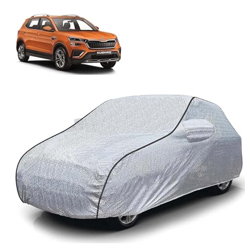 Image of Sulfar 100% Waterproof Car Body Cover Compatible with Mirror for Skoda Kushaq (Triple Stitched, Full Bottom Elastic, Magic Silver with Black Piping)