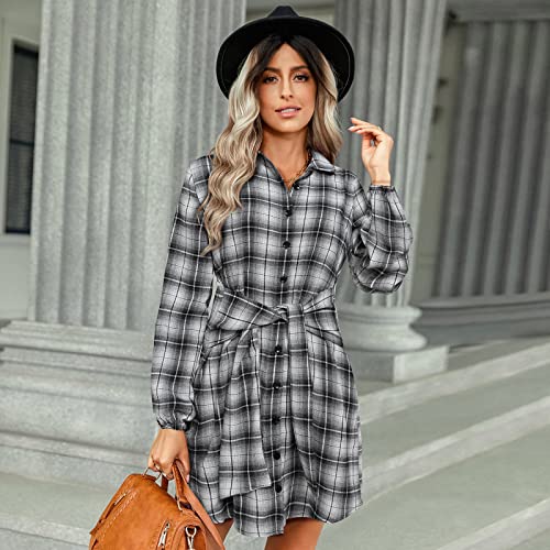スカート Y's FLANNEL DRESS WITH DIAGONAL BUTTONS YYW Women's Plaid Shirt Dress Long Sleeve Gingham Dresses