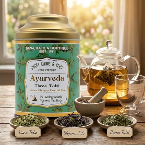 Image of Sancha Tea Boutique, Ayurveda Tulsi Blend - Rama, Shyama & Vana Tulsi, 25 Pyramid Bags x Pack of 2, Caffeine Free Herbal Tisane, Traditionally Valued for Balance & Wellness
