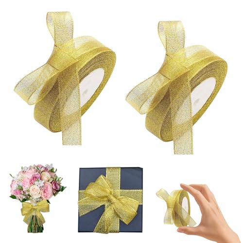 2PC Deko Band Für Geschenkverpackung, Geschenkband Deko Band 2,0 cm x 22 m, goldenes Schleifenband aus Polyester, Glanzband für Geschenkverpackung, Weihnachten, Hochzeit, Geburtstag, DIY Handwerk