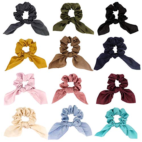 Hair Scrunchies Rabbit Bunny Ear,Satin Silk Hair Ties Bowknot,Bobbles Hair Accessories Ponytail Holder Elastic Chiffon Hair Scrunchy for Girls Women-12 PACK
