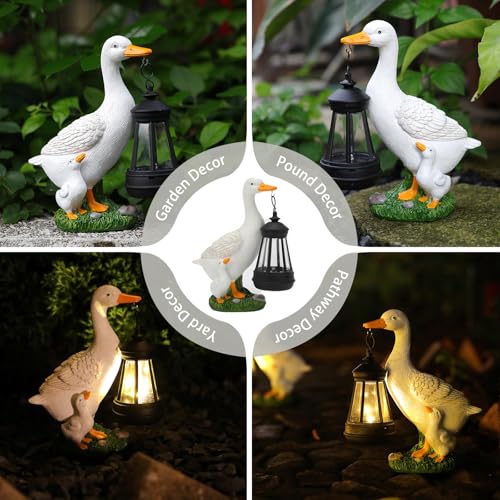 Estatua decorativa de pato con farol solar para jardín miniatura 5