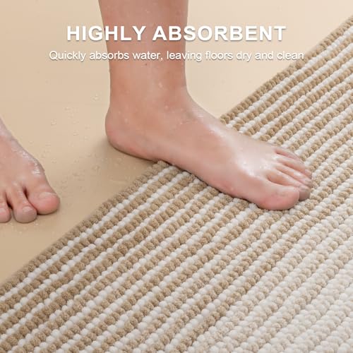 BSICPRO Bathroom Rugs and Mats Sets, 2 Piece Thick Absorbent Chenille Bath Mat Rug Set Non Slip, Soft Shaggy Bath Floor Mats for Bathroom, Machine Washable (20" x 47" Plus 16" x 24", Beige)