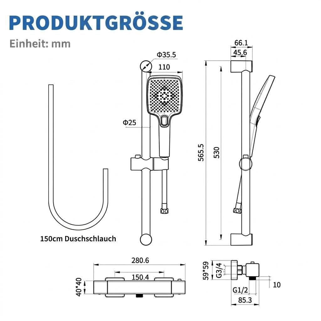 Garvee Grifo termostático de ducha antiquemaduras con botón de seguridad de 38 °C, barra de ducha de acero inoxidable ajustable en altura, 3 funciones, manguera de 1,5 m, juego completo, salida