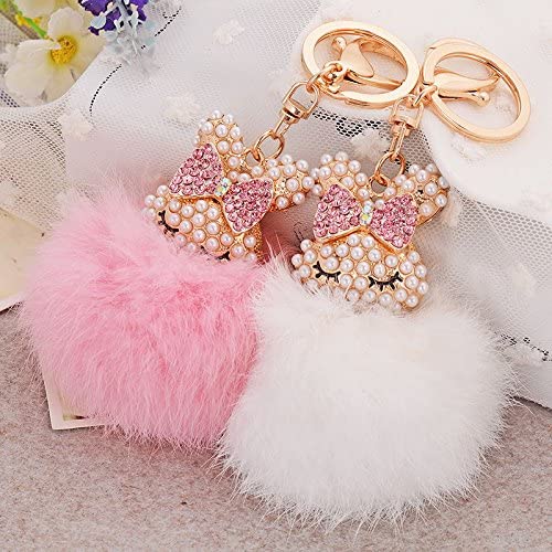 Easya Rabbit Fur Key Chain Gold Plated Keychain With Rabbit Head Inlay Pearl Rhinestone For Car Key Ring Or Handbag Bag Decoration(Light Pink) #TOP5