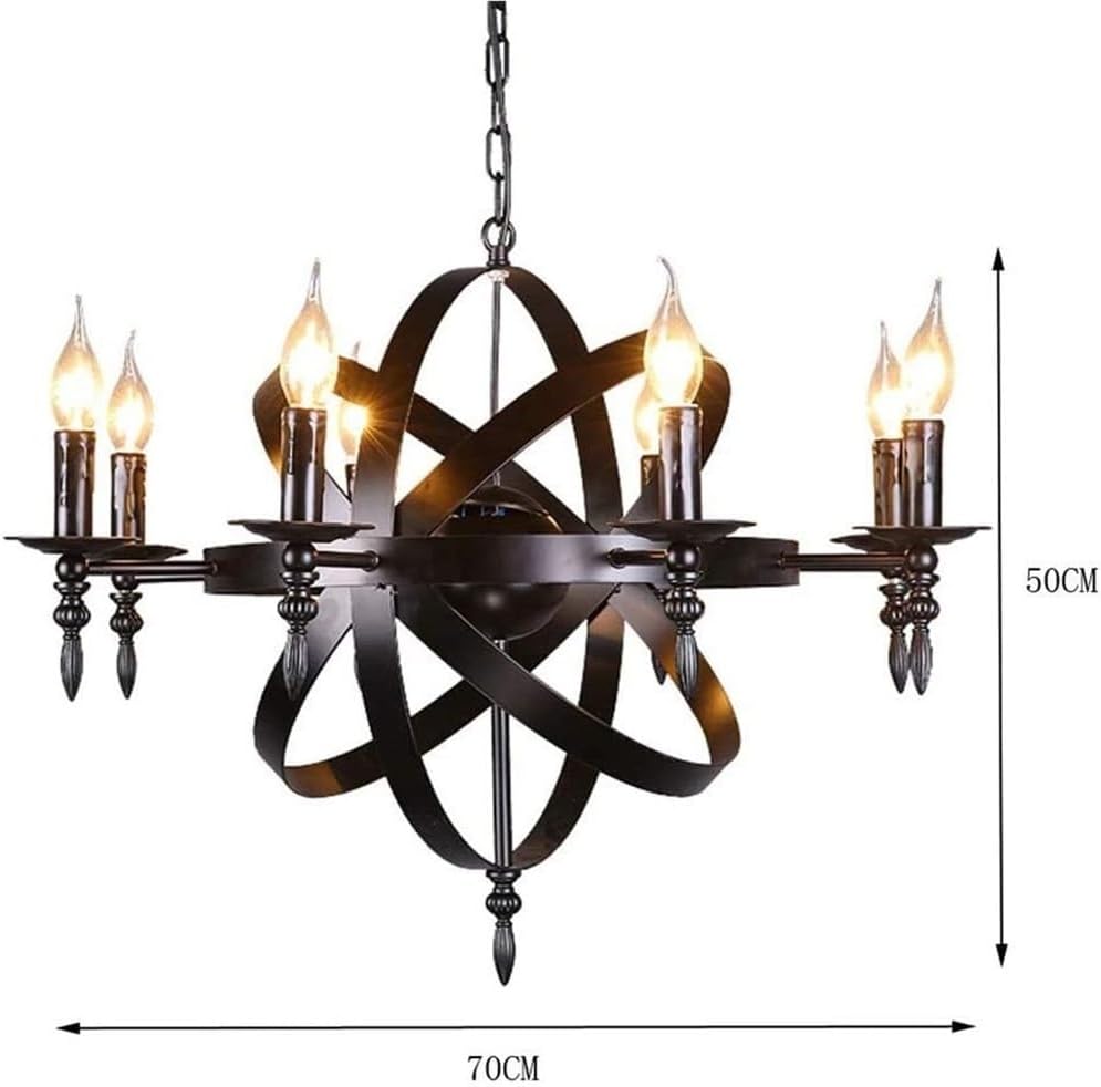 LNPTAL Industrial Black Orb Chandelier, Rustic Wrought Iron Candle Pendant Light, Round Farmhouse Ceiling Fixture for Dining Room, Living Room, Foyer & Hallway, E14 Base
