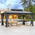 YITAHOME 12x16FT Gazebo Hard-Top Double Roof Canopy Outdoor with Netting and Shaded Curtains, Aluminum Frame Polycarbonate Hardtop Garden Tent for Patio, Backyard, Deck and Lawns, Grey