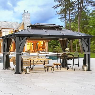 YITAHOME 12x16FT Gazebo Hard-Top Double Roof Canopy Outdoor with Netting and Shaded Curtains, Aluminum Frame Polycarbonate Hardtop Garden Tent for Patio, Backyard, Deck and Lawns, Grey