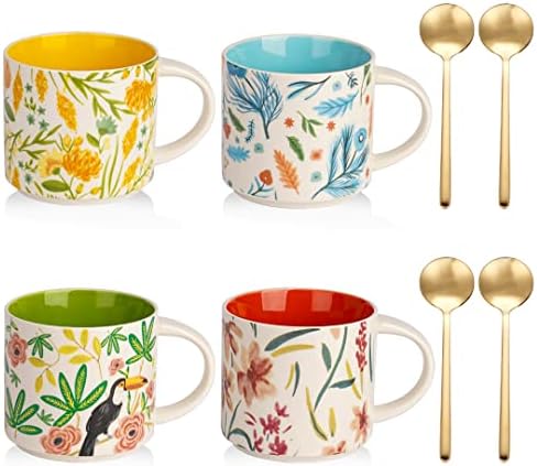 CHILDIKE Ceramic Mug Set of 4 Multi Color, Porcelain Floral Mug, Flowers Funny Coffee Mug, Large Colorful Art Hand Painted Breakfast Cup for Tea, Hot Cocoa, Oat, Gift, 15 Ounce