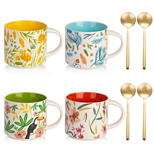 Childike Ceramic Mug Set Of 4 Multi Color, Porcelain Floral Mug, Flowers Funny Coffee Mug, Large Colorful Art Hand Painted Breakfast Cup For Tea, Hot Cocoa, Oat, Gift, 15 Ounce #TOP14