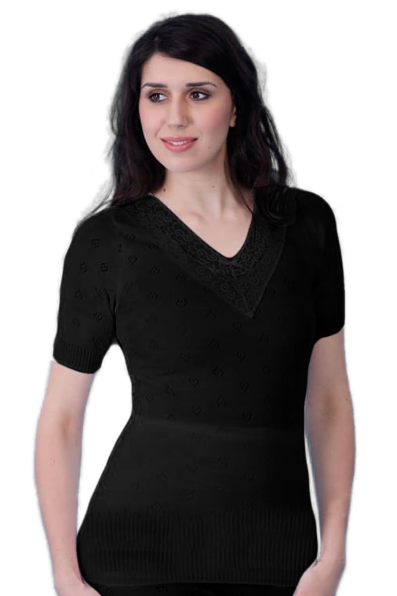 Tesmark Women's Black Lace Short Sleeve Spencer Plain & Lace Thermal Underwear Tops, Warm White And Black Sleepwear & Thermal Underwear For Uk Size 8-28 (Uk, Alpha, L, Regular, Regular, )