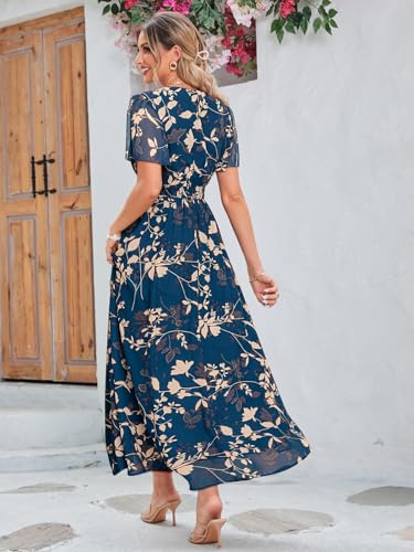 Image of Simplee Women's Boho Floral Maxi Dress Flowy Casual V Neck Short Sleeve Wedding Guest Holiday Beach Long Dress