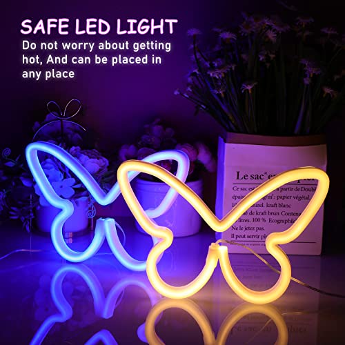 Image of Riakrum 2 Pcs Butterfly Neon Signs LED Lights Decor,Blue, Warm White