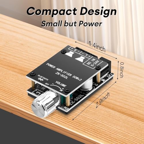 Image of ZK-502L Bluetooth Amplifier Board,50W+50W 2.0 Channel Amp Board with Volume Control,DC 9-24V, Bluetooth and AUX Inputs, Audio Amp Board for Home DIY Wireless Speakers, Password Free.