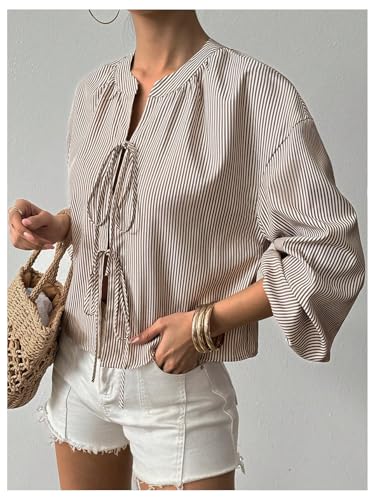 SweatyRocks Women's Striped Bow Long Sleeve Shirts Tie Front Loose Blouse Going Out Tops4