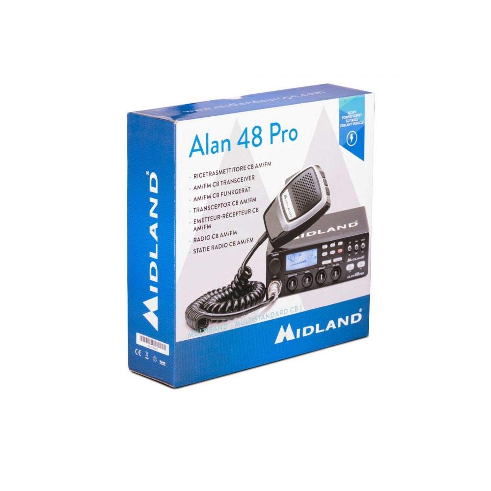 Midland Alan 48 Pro CB C422.16, Radio Odbiorczo-Nadawcze Pojazdowe Multibandowe, Odbiornik-Nadajnik z Mikrofonem 6 Pin, Wyświetlacz LCD, Dual Watch, Wzmocnienie RF, Squelch Cyfrowy i Wzmocnienie MIC