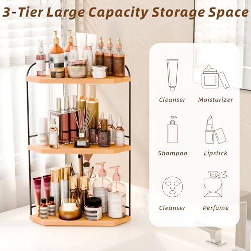 Image of Corner Bathroom Counter Organizer, 3-Tier Wood Countertop Organizer | Skincare Organizers for Vanity, Makeup Storage, Counter Corner Shelf for Kitchen, Bathroom, Dresser, Natural