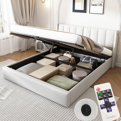 Zepneiy Lit 140 x 190 avec Sommier LED et USB, Lit Coffre 140x190 avec Rangement et Tete de Réglable, Lit Double Hydraulique avec à Lattes 2 Personnes, Lit...