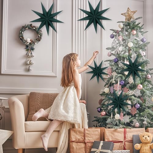 Image of 12 Inches 5 PCS Dark Green Paper Star Lanterns Christmas Party Decorations Hanging Stars Christmas Party Decorations Wedding Birthday Christmas Home Party Decorations(9 Pointed)