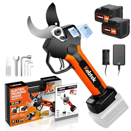 Kebtek Tijeras de Podar Electricas Bateria Profesional 40MM, 18V Motor Sin Escobillas 2 Batería de litio Recargable, Pantalla LCD, Para Poda De Ramas De Árboles (KT940)