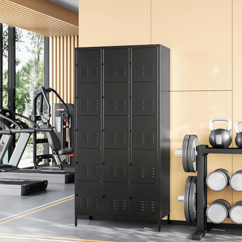 Image of Metal Locker with 15 Doors Employees Locker, Metal Storage Locker with Hooks, 72 inch Storage Cabinet Lockers for Employees, Home, Office, Gym Requires Assembly (15 Doors, Black)