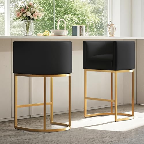 Butaco Moderno de Altura Mostrador 26", Tapizado en Cuero Sintético Negro con Estructura Metálica Dorada miniatura 3