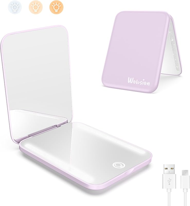 WOBSION Espejo de viaje 1x/3x con luz, espejo de aumento compacto | Espejo de maquillaje recargable, 3 modos de color, portátil para bolso, bolsillo, regalo, morado