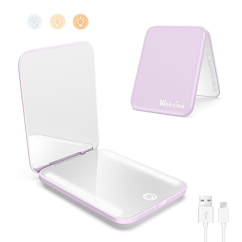 WOBSION Espelho compacto de viagem com luz LED, aumento 1x/3x e carregamento USB-C