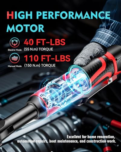 Image of SOARFLY 3 /8 inch Cordless Ratchet Wrench, Extended Electric Ratchet Wrench, 40 Ft-Lbs 450 RPM 16.8V Cordless Battery Powered Ratchet Wrench Set with 2 Batteries, Variable Speed, 7 Sockets, LED Light