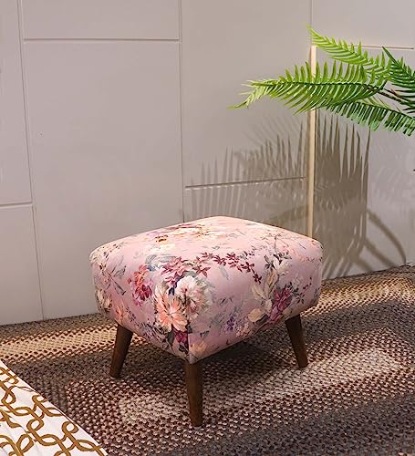 Image of The Artage Puffy Stool for Living Room Vanity Dressing Table Sitting Pink Flower Printed Premium Foam Cushioned Pouffe Ottoman for Foot Rest Stool for Home Decor Furniture Wooden (Floral)