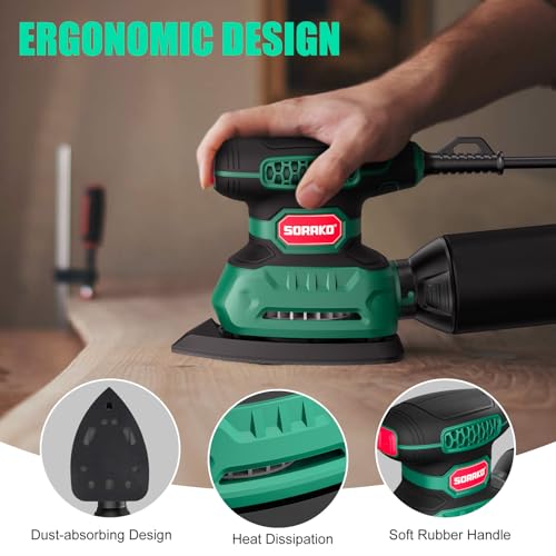 SORAKO Electric Sander,220W 14000 OPM 230V Sander for Wood with Dust Collector and 16 Pieces of Sandpaper, Compact Sanding Machine is Perfect for Sanding, Polishing in Small Spaces 3 SORAKO Electric Sander,220W 14000 OPM 230V Sander for Wood with Dust Collector and 16 Pieces of Sandpaper, Compact Sanding Machine is Perfect for Sanding, Polishing in Small Spaces - Image 3