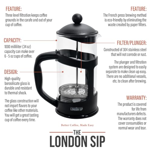 Image of The London Sip Glass French Press Immersion Brewer Coffee Press Stainless Steel Filter System, 34oz, Black