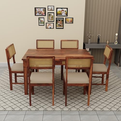 Image of Solid Sheesham Wood Dining Table Set 6 Seater Set for Home and Kitchen, Rattan Dining Table 6 Seater with Chairs Cane Furniture, Dining Set